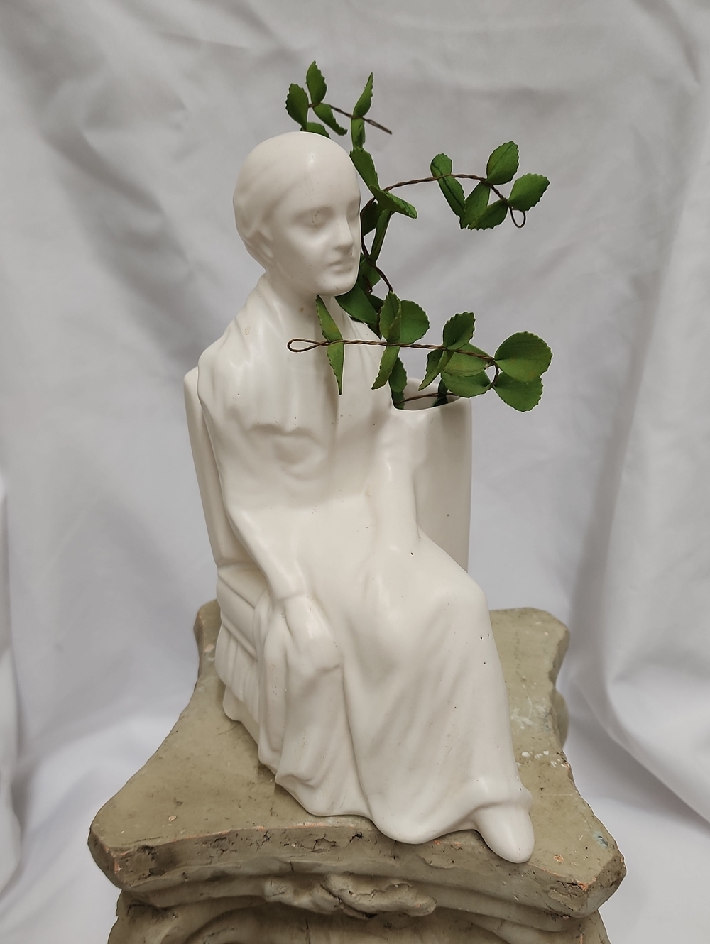Vintage Minimalist Matte Gloss White Ceramic Seated Woman Planter Vase